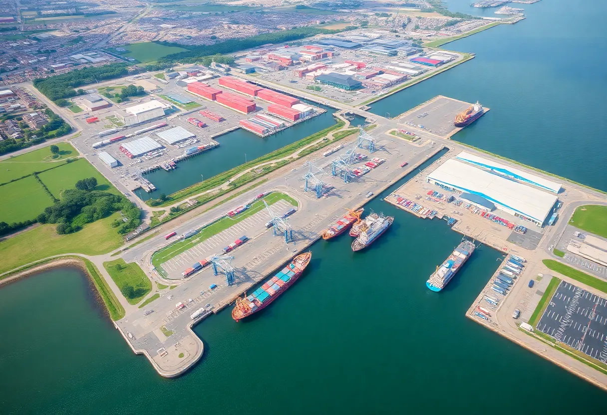 Conceptual design of the new St. Petersburg port redevelopment showcasing modern infrastructure and greenspace.