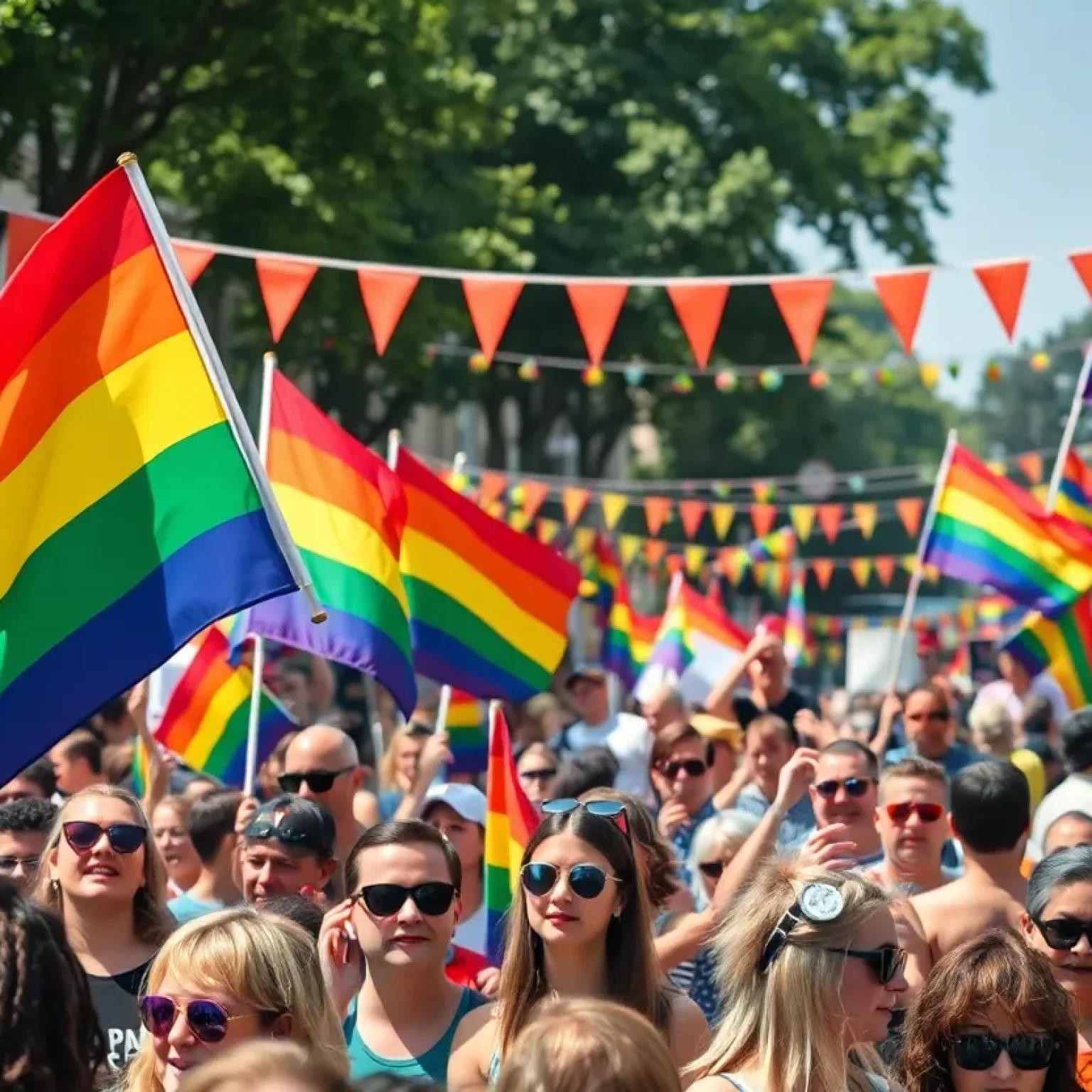 Diverse crowd at St. Petersburg Pride Festival celebrating love and acceptance with rainbow flags and colorful outfits.