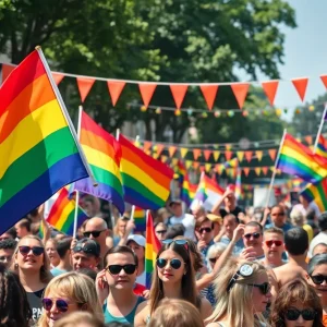 Diverse crowd at St. Petersburg Pride Festival celebrating love and acceptance with rainbow flags and colorful outfits.