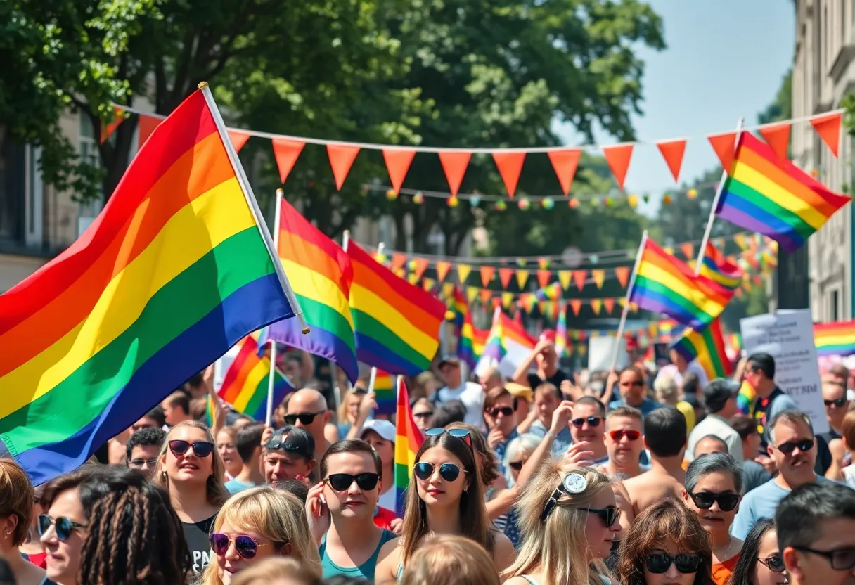 Diverse crowd at St. Petersburg Pride Festival celebrating love and acceptance with rainbow flags and colorful outfits.