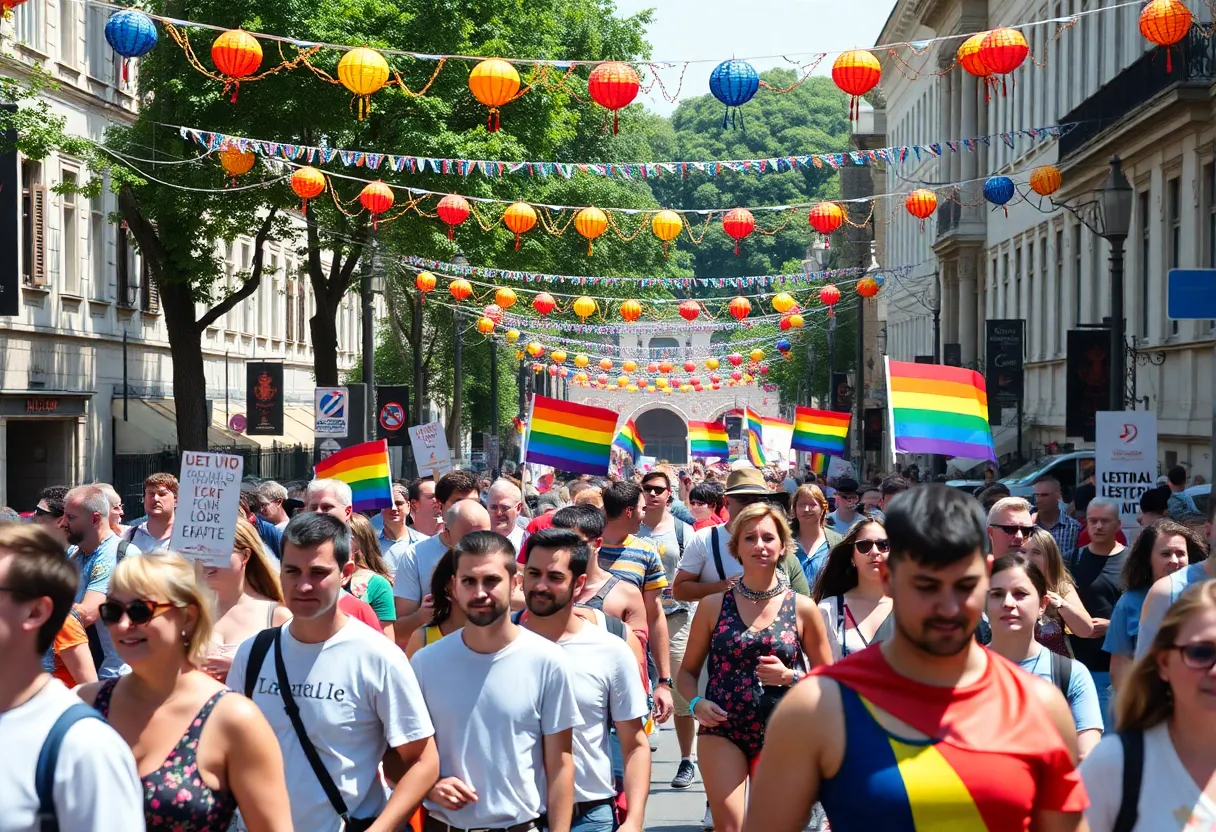 Participants celebrating at the St Petersburg Pride Parade