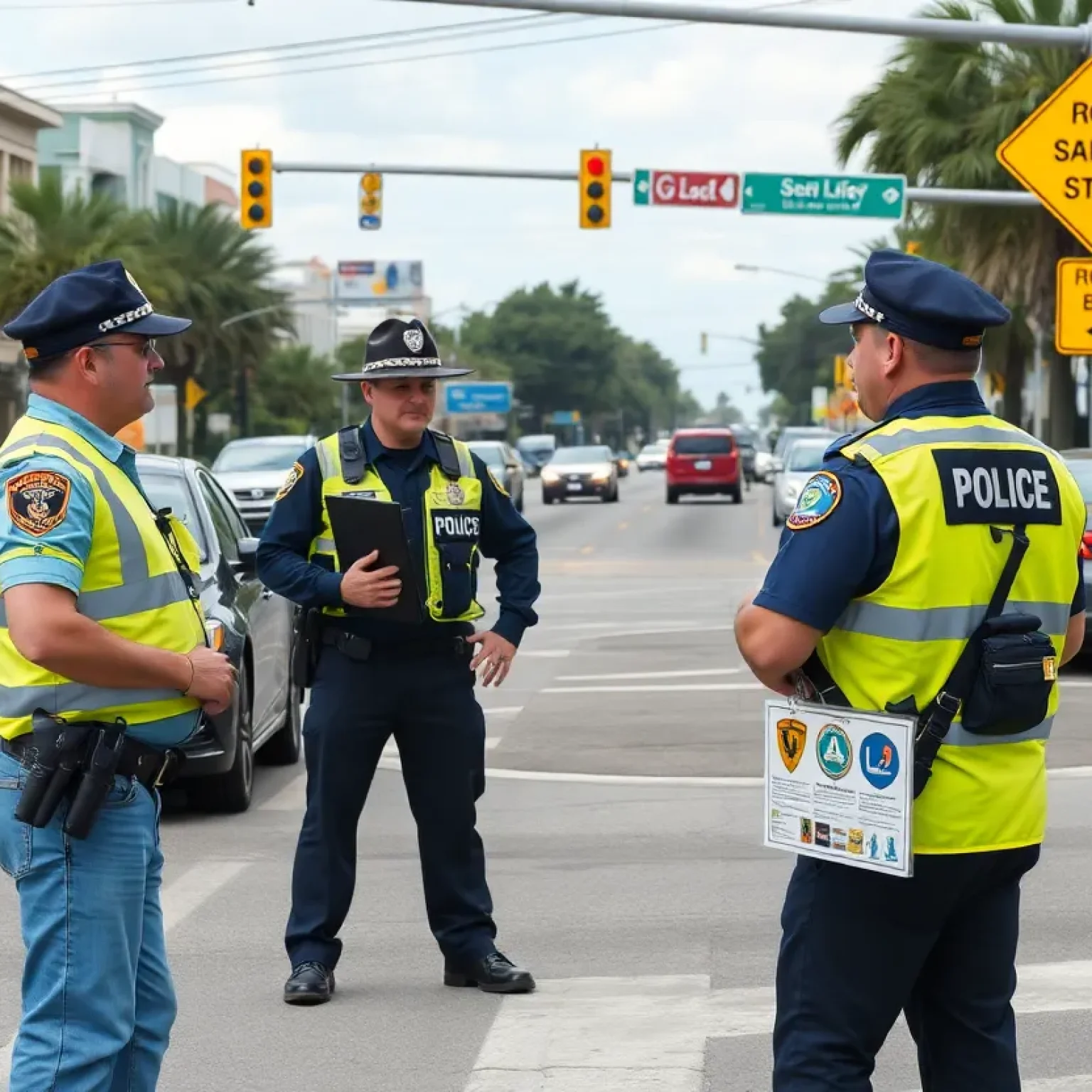 Law enforcement discussing road safety at an intersection in St. Petersburg