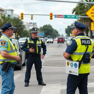 Law enforcement discussing road safety at an intersection in St. Petersburg