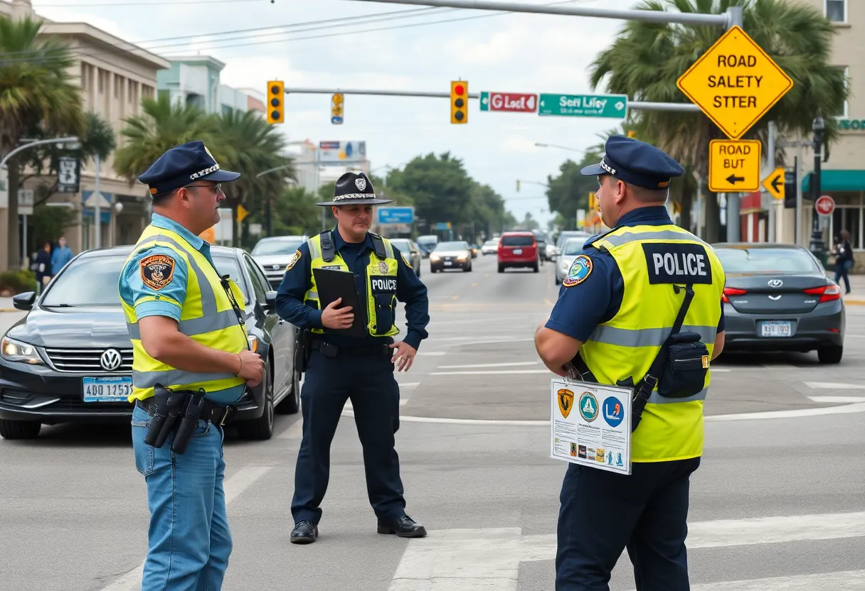 Law enforcement discussing road safety at an intersection in St. Petersburg