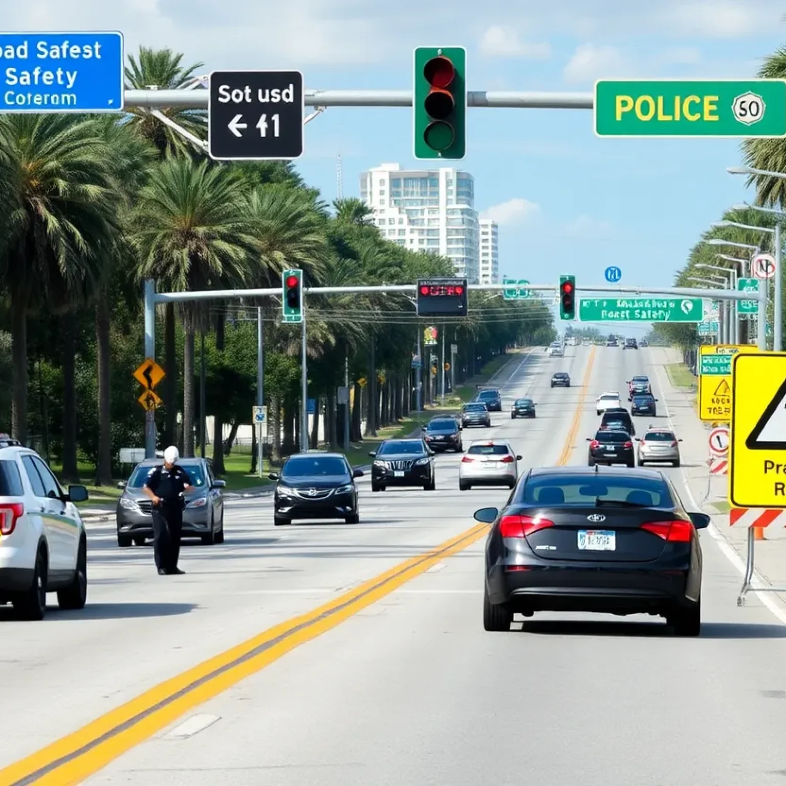 Police officer teaching young drivers about road safety.