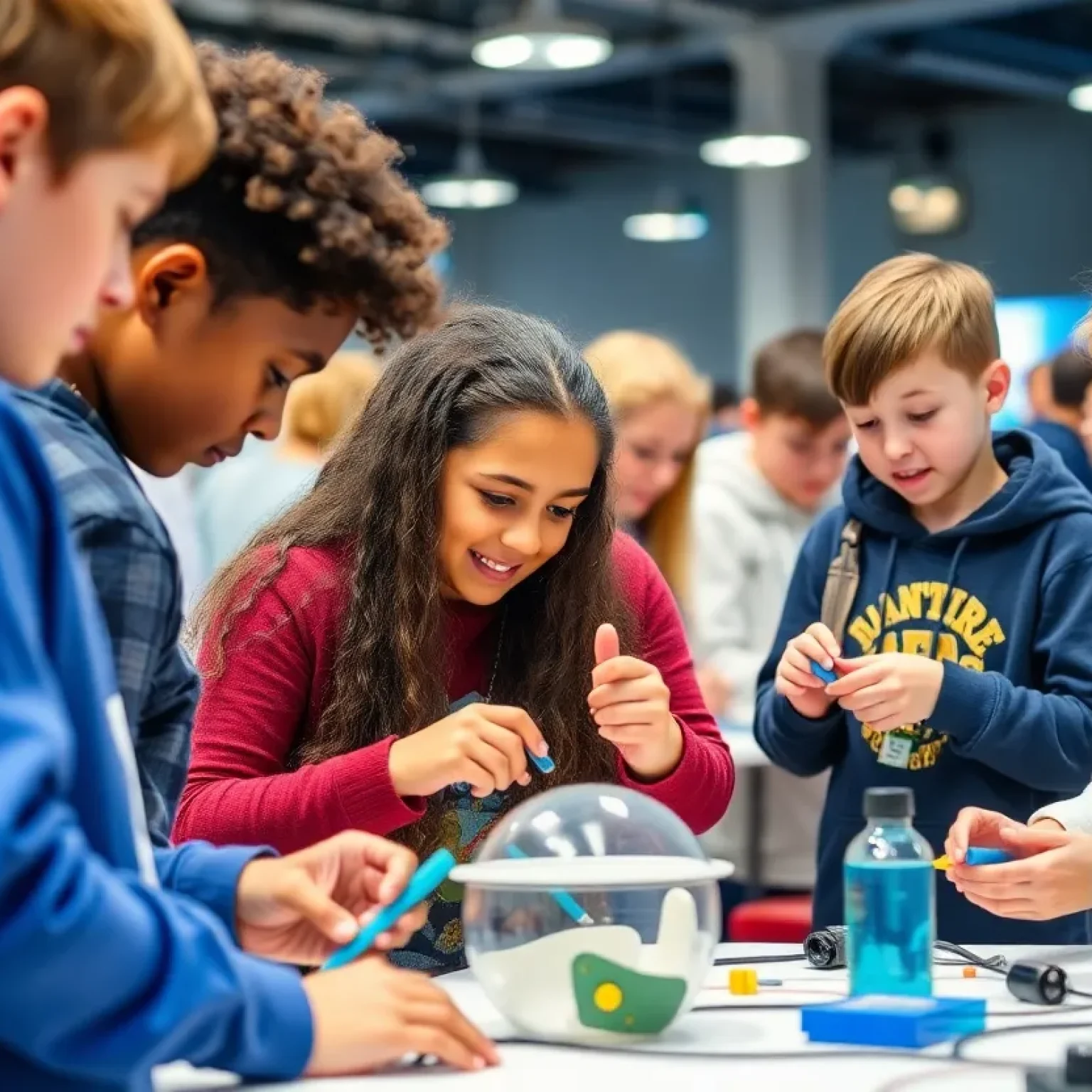 Students participating in a STEM education event with hands-on projects