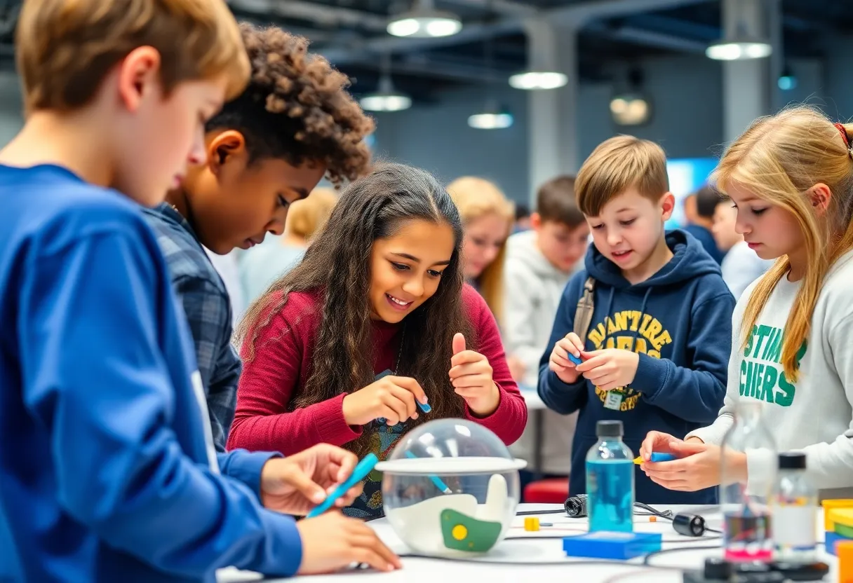 Students participating in a STEM education event with hands-on projects