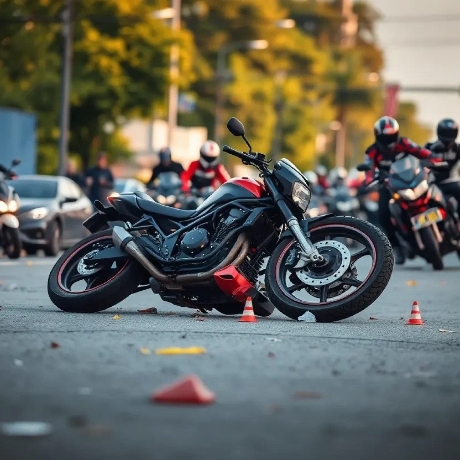 Aftermath of a motorcycle accident during illegal street racing.