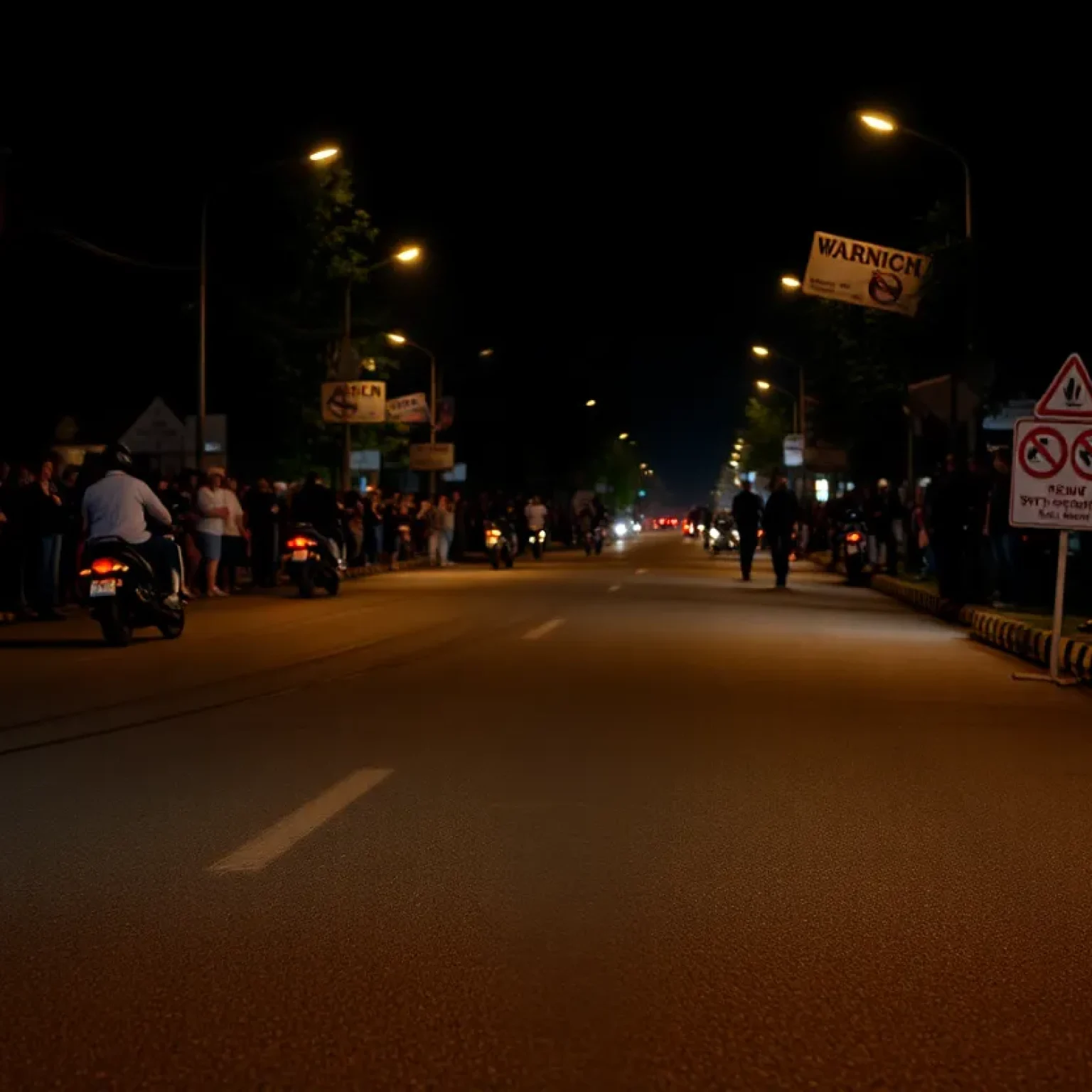 Warning sign about illegal street racing with tire marks on the road