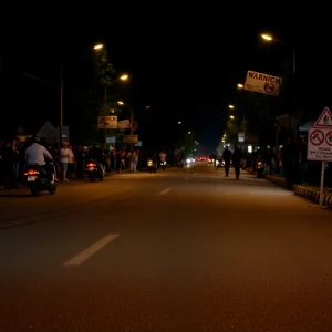 Warning sign about illegal street racing with tire marks on the road