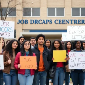 Young adults rallying in front of Job Corps center