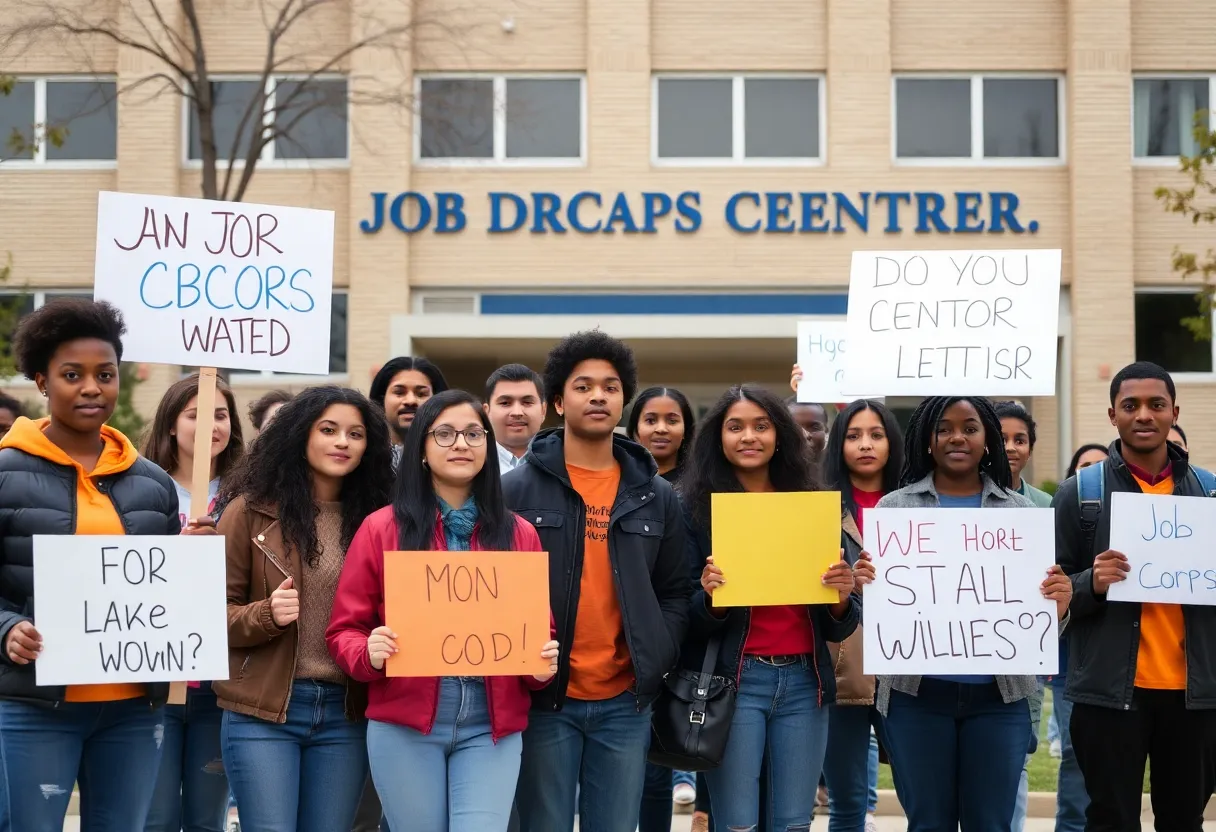 Young adults rallying in front of Job Corps center