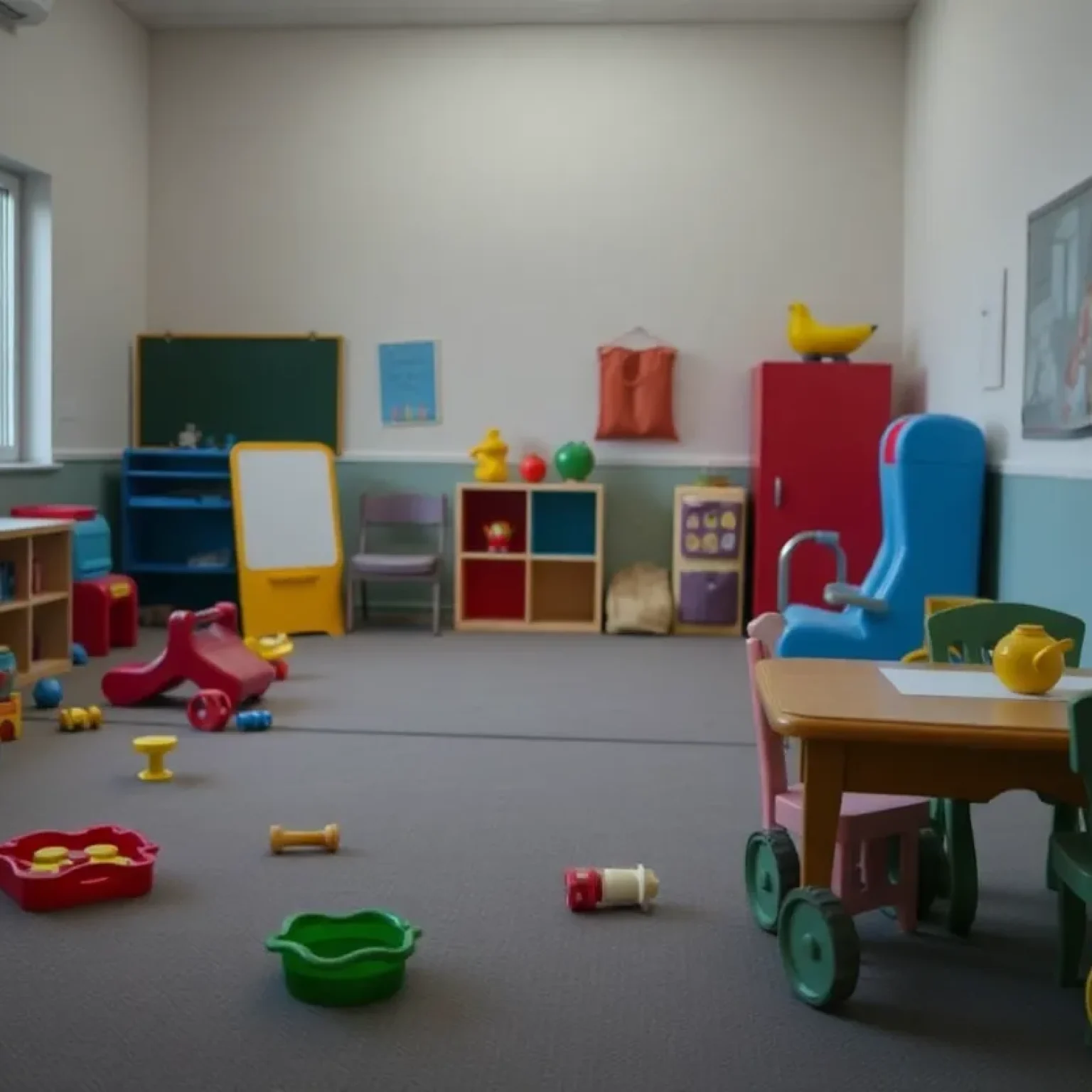 A daycare room with toys, evoking a somber atmosphere due to a tragic incident.