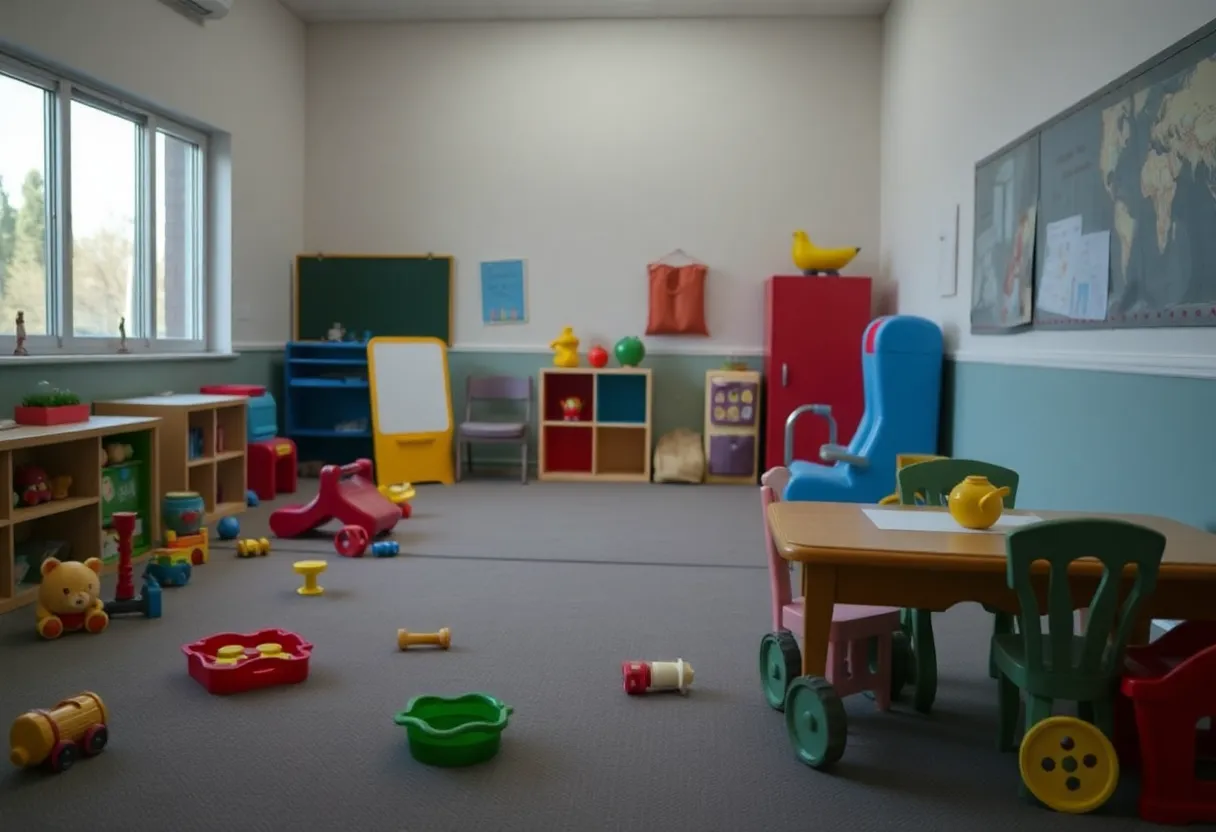 A daycare room with toys, evoking a somber atmosphere due to a tragic incident.