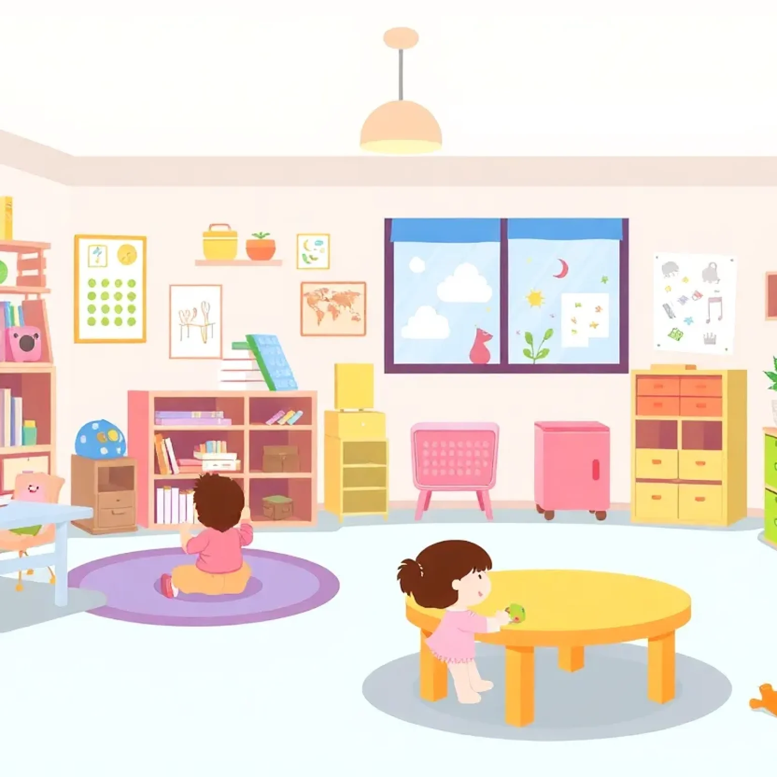 Illustration of a safe daycare environment with toys and children's art