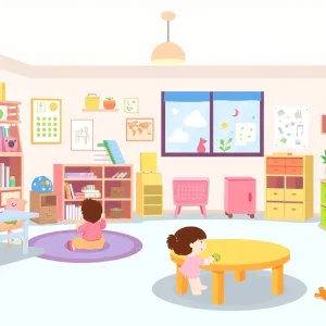 Illustration of a safe daycare environment with toys and children's art