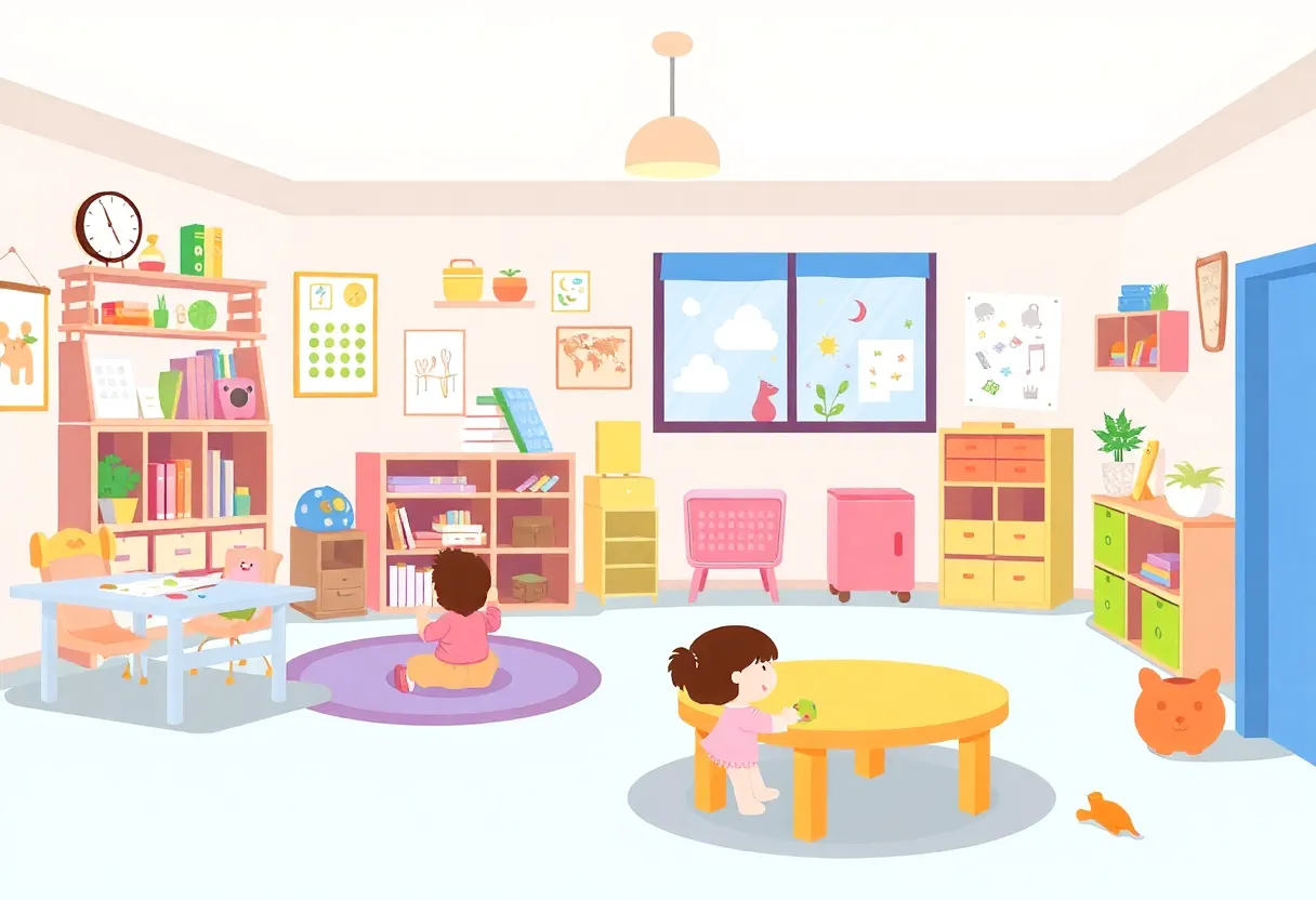 Illustration of a safe daycare environment with toys and children's art