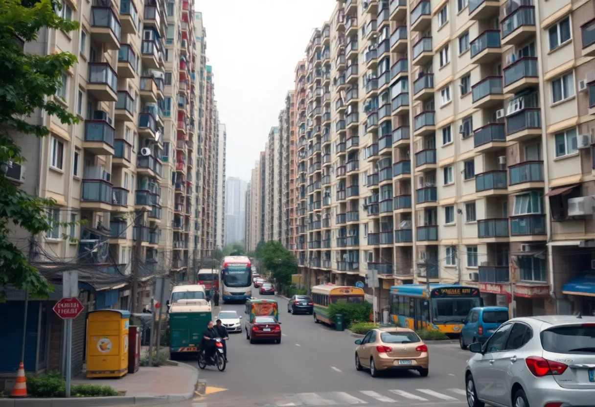 Urban residential area with a focus on an apartment complex highlighting daycare safety issues.