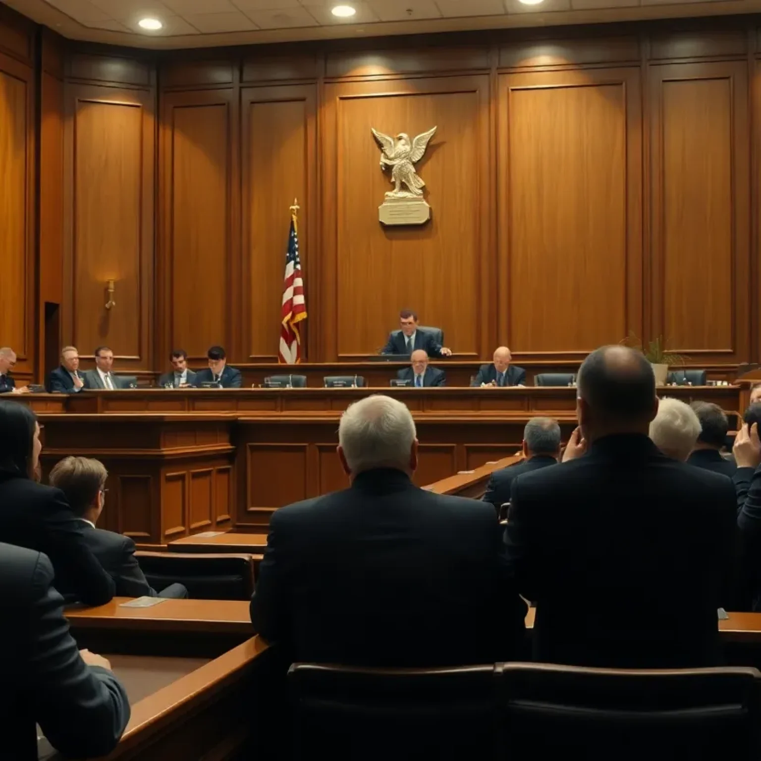 Courtroom setting with judges and legal teams during a trial