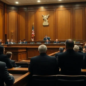 Courtroom setting with judges and legal teams during a trial