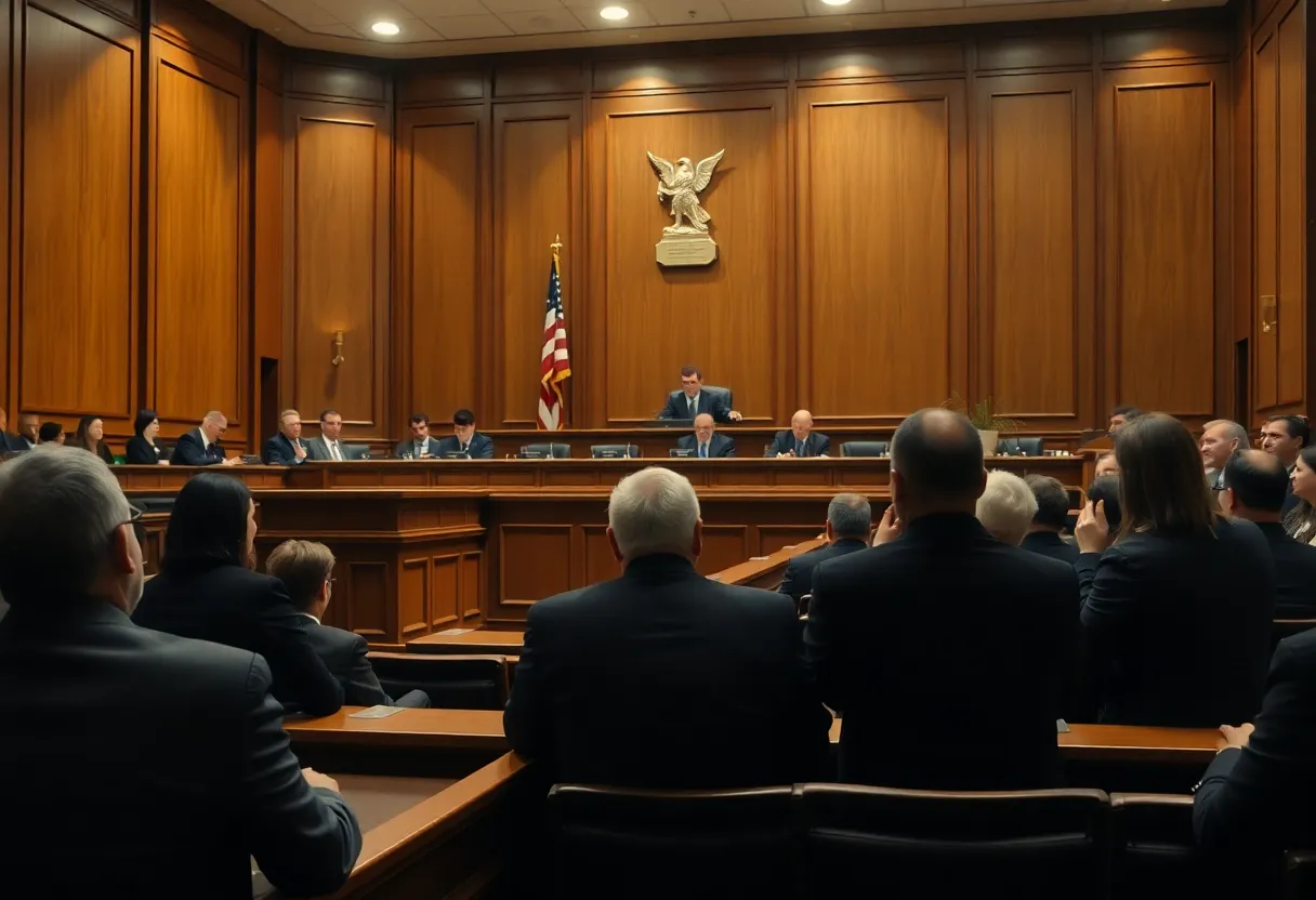 Courtroom setting with judges and legal teams during a trial