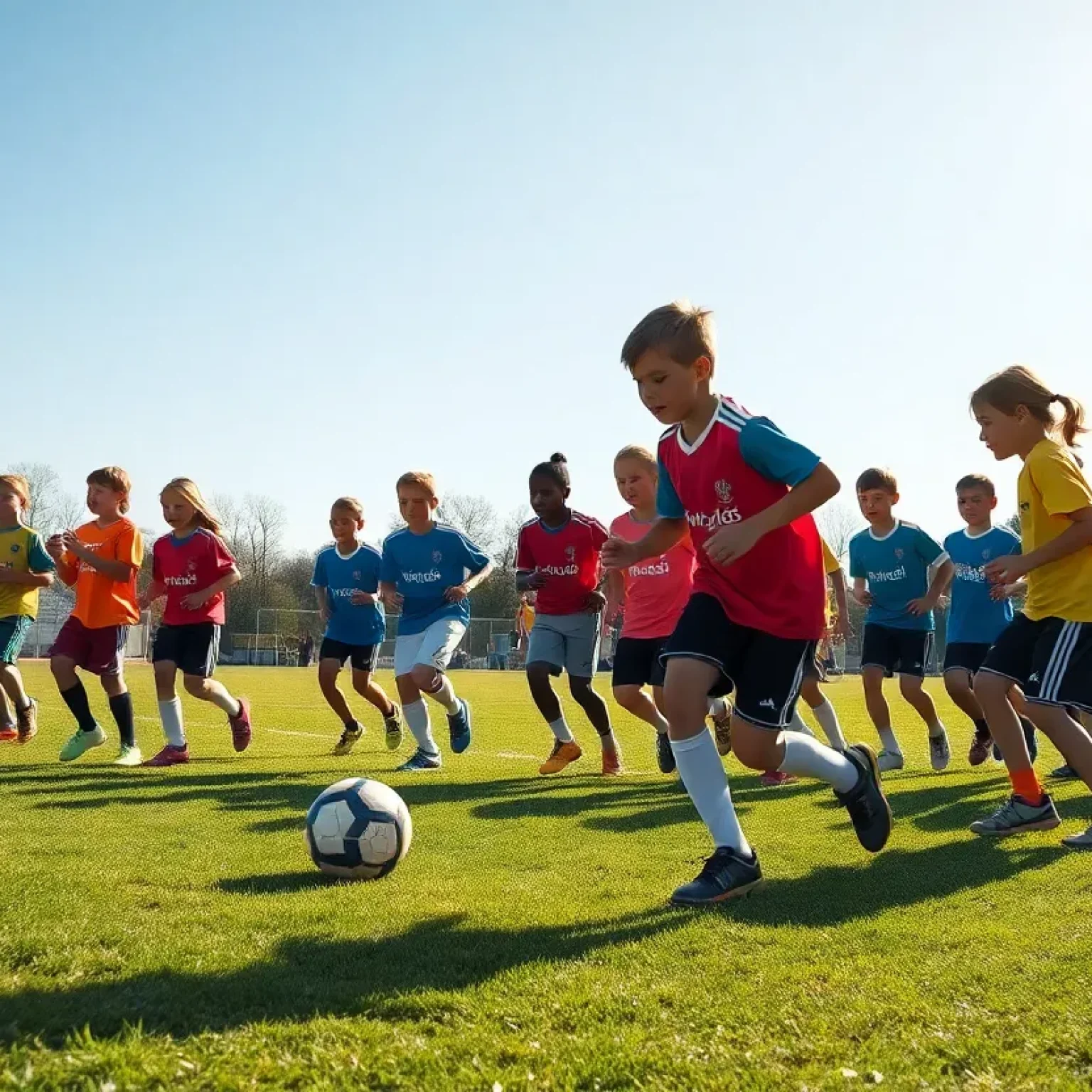 Diverse young athletes practicing football skills at a camp