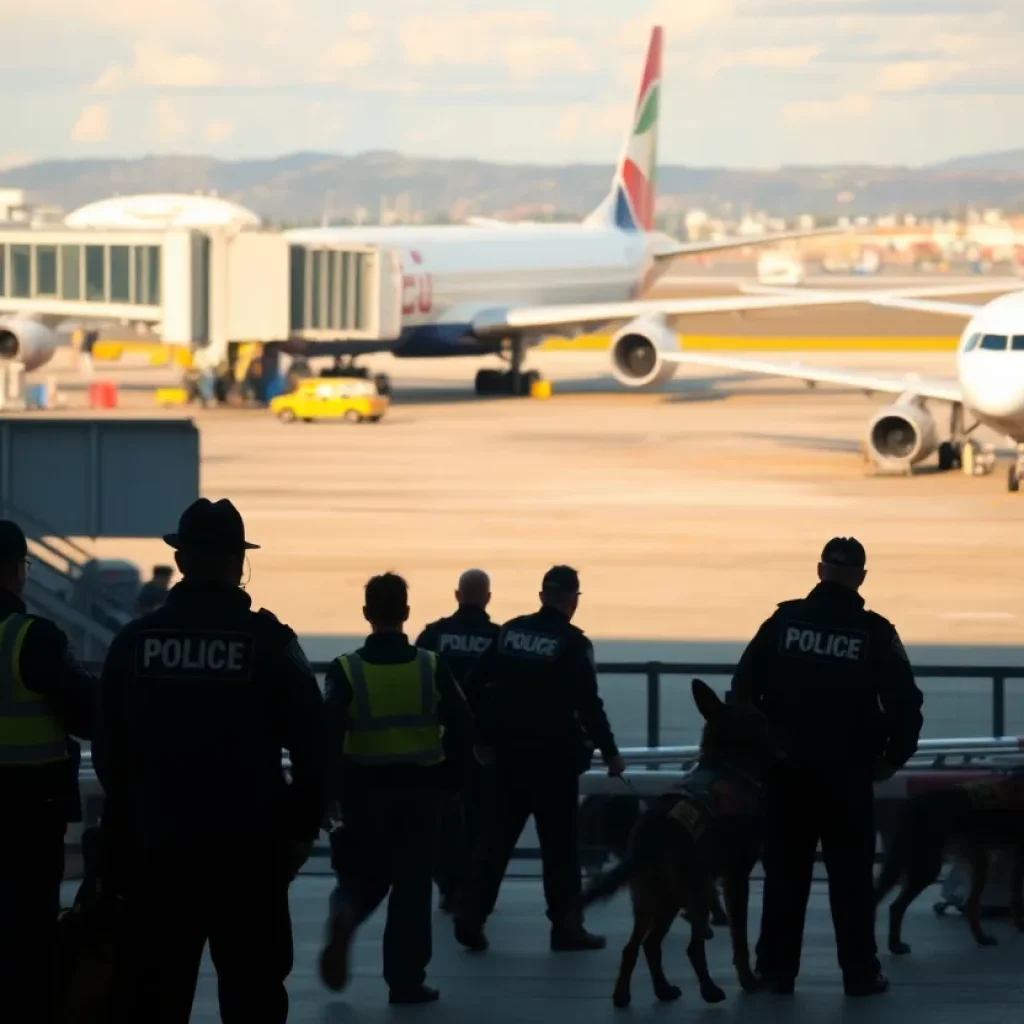 Airport scene with law enforcement and K9 units responding