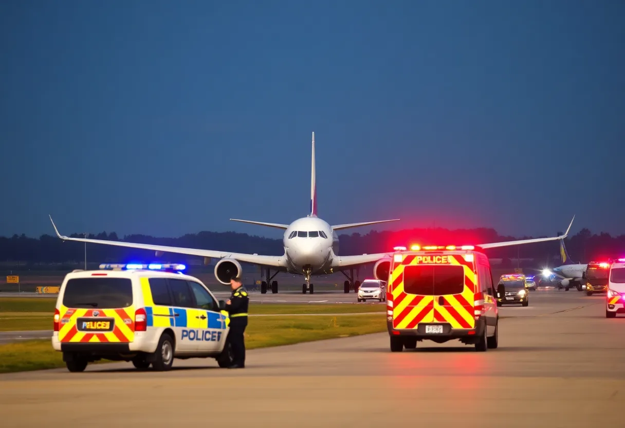 An airplane on the runway with emergency vehicles reacting to a bomb threat incident.