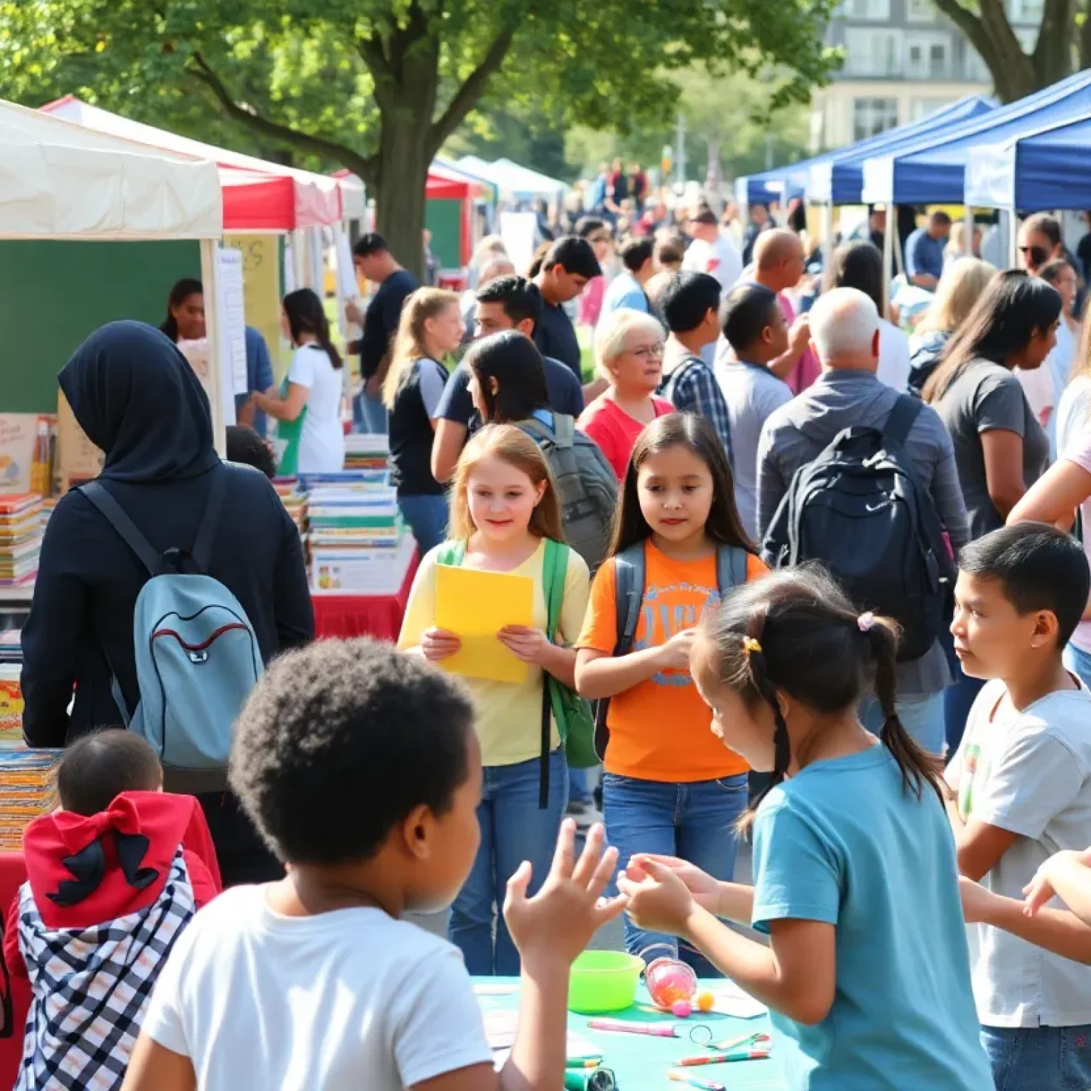 Families enjoying a community fair with school supplies and activities