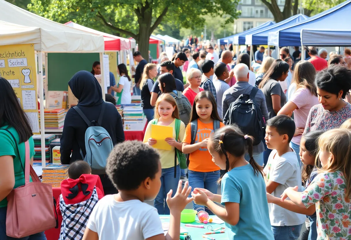 Families enjoying a community fair with school supplies and activities