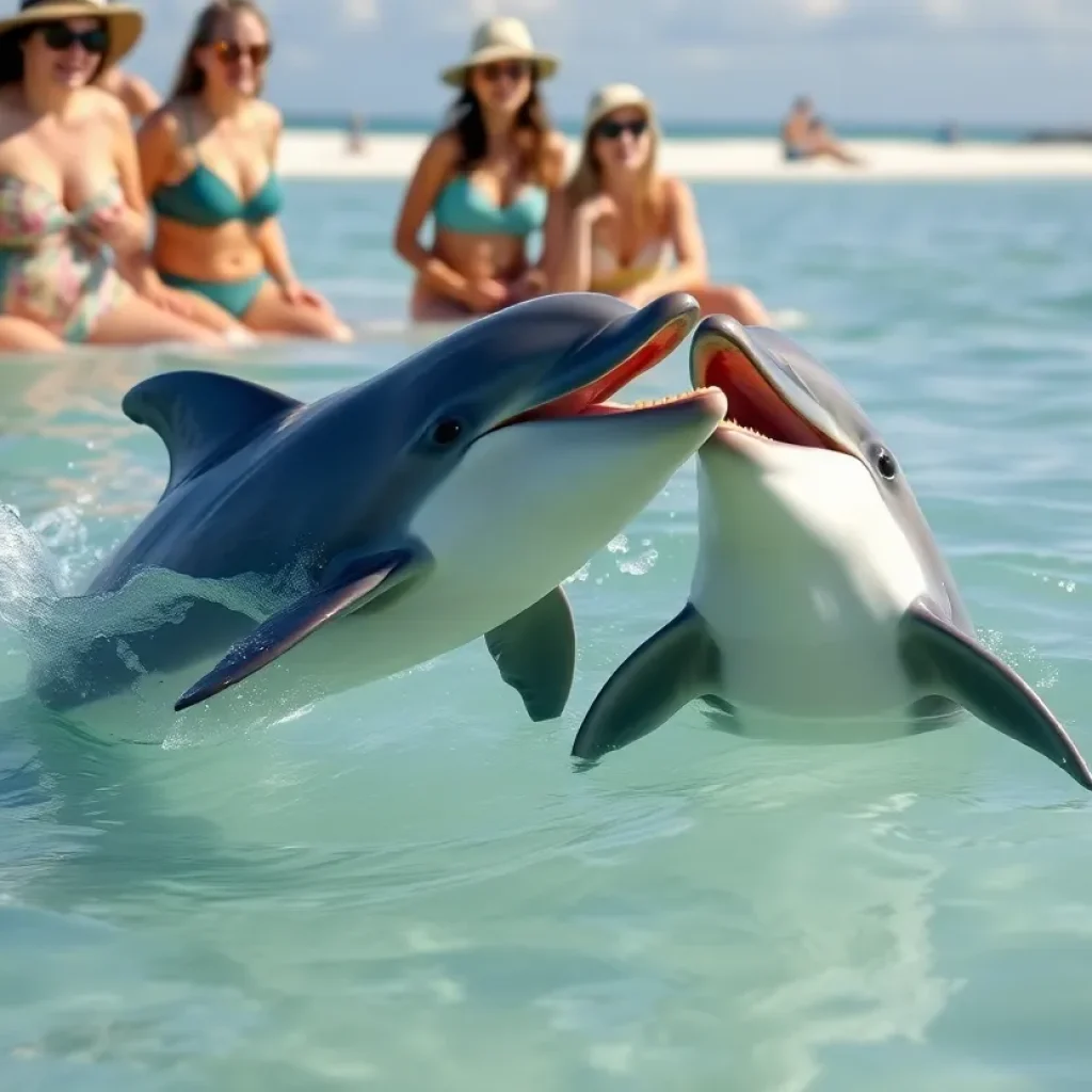 Beachgoers interacting with a dolphin in the Gulf of Mexico.