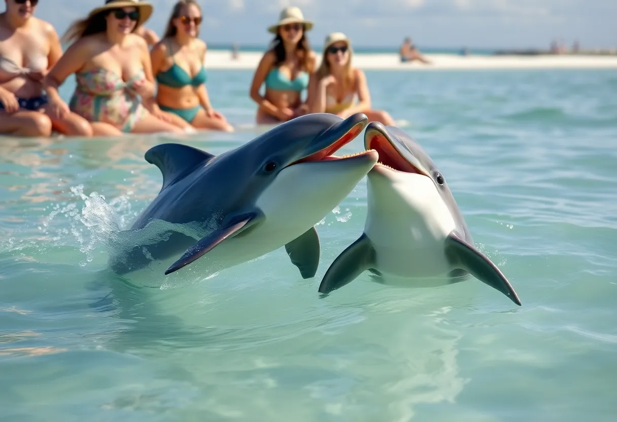 Beachgoers interacting with a dolphin in the Gulf of Mexico.