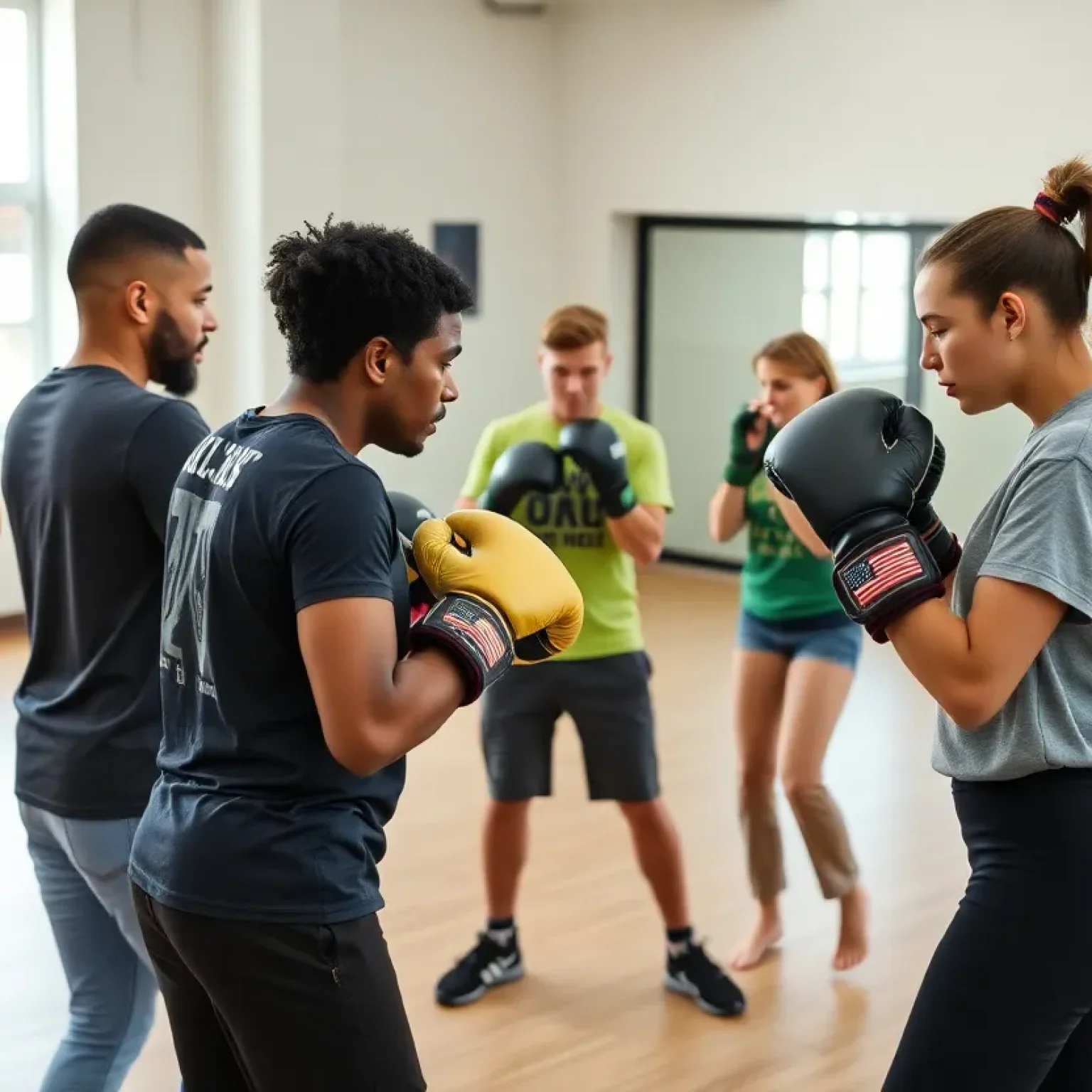 Participants at a boxing and self-defense workshop practicing techniques