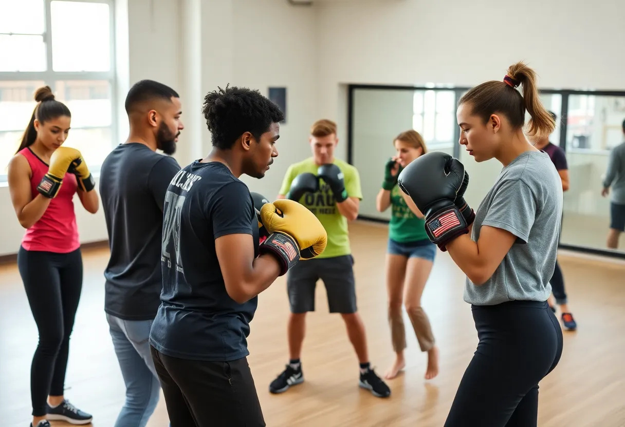 Participants at a boxing and self-defense workshop practicing techniques