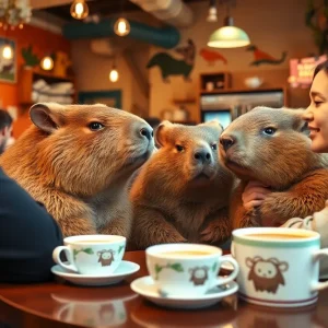 Guests interacting with capybaras at Capybara Café