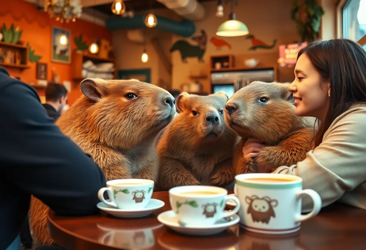 Guests interacting with capybaras at Capybara Café