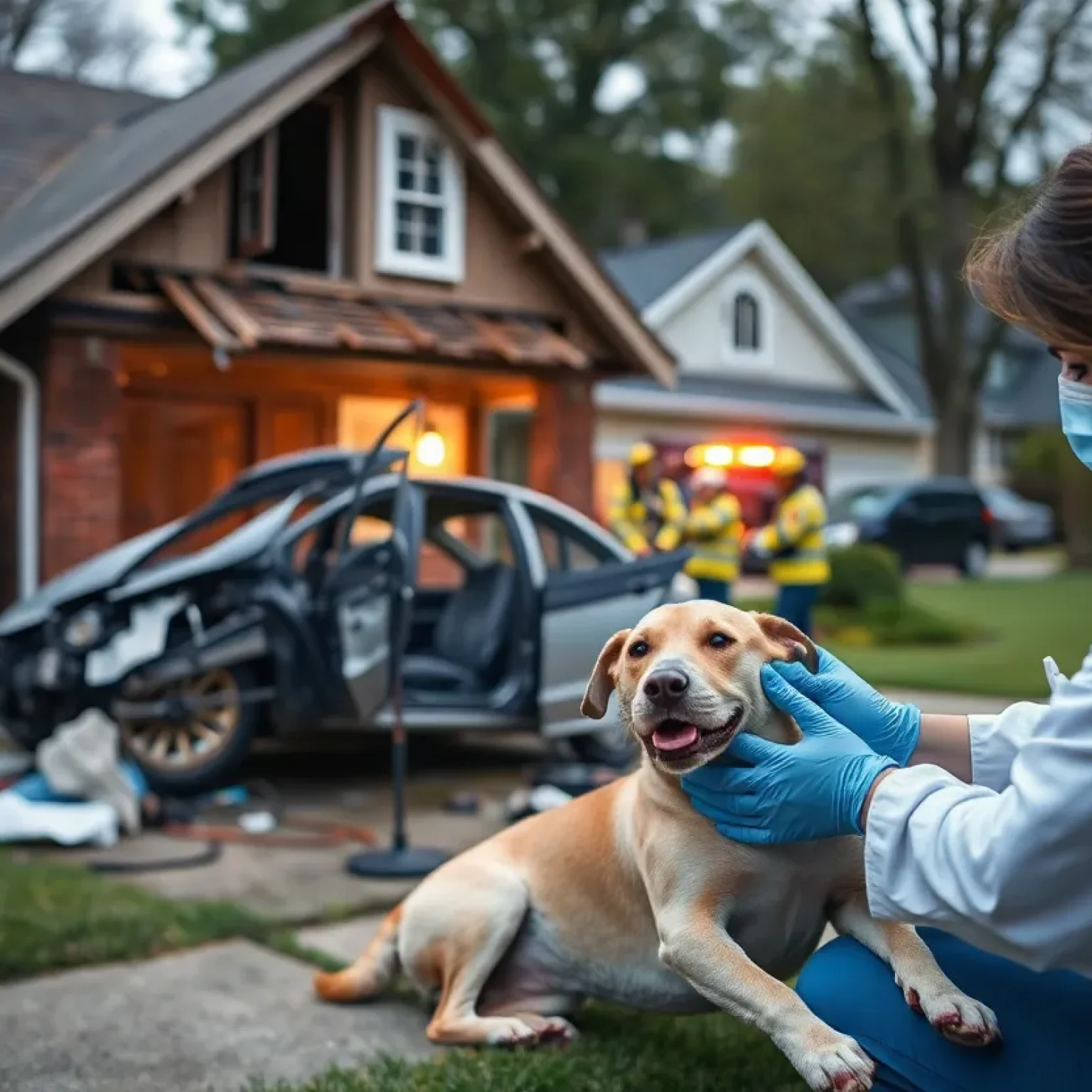 A car crashed into a residential house while emergency responders assist an injured dog.