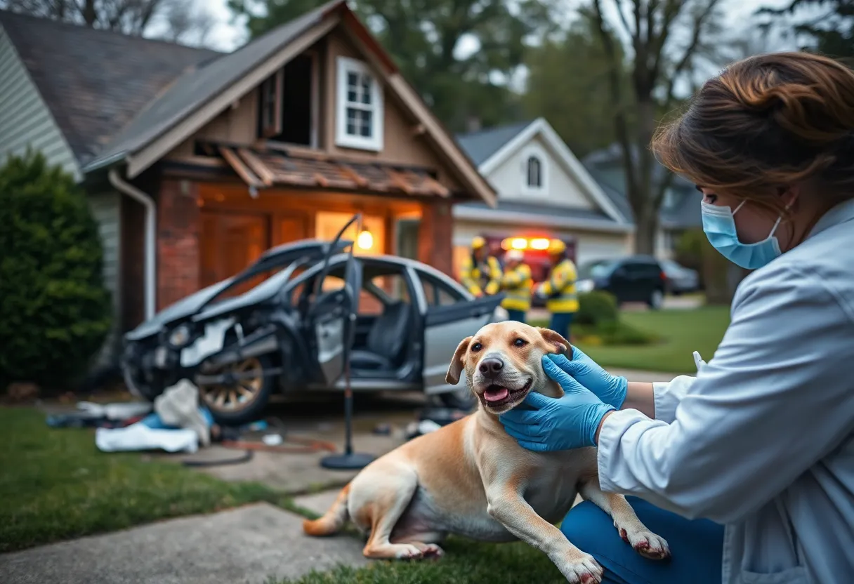 A car crashed into a residential house while emergency responders assist an injured dog.
