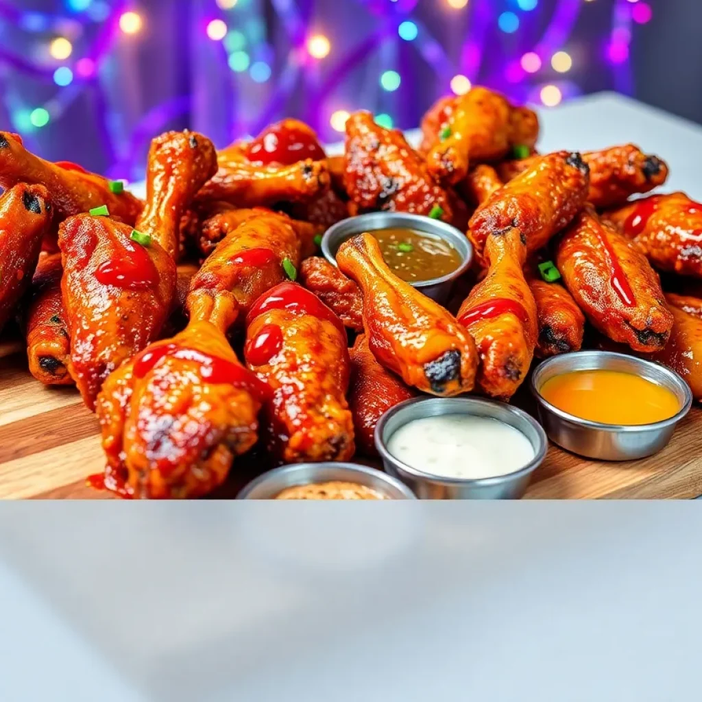 Assorted chicken wings with various sauces on a platter