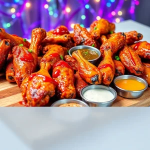 Assorted chicken wings with various sauces on a platter