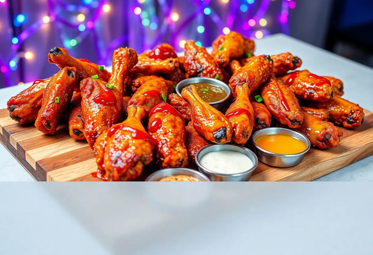 Assorted chicken wings with various sauces on a platter