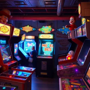 Interior view of Chuck's Arcade showcasing games and artwork