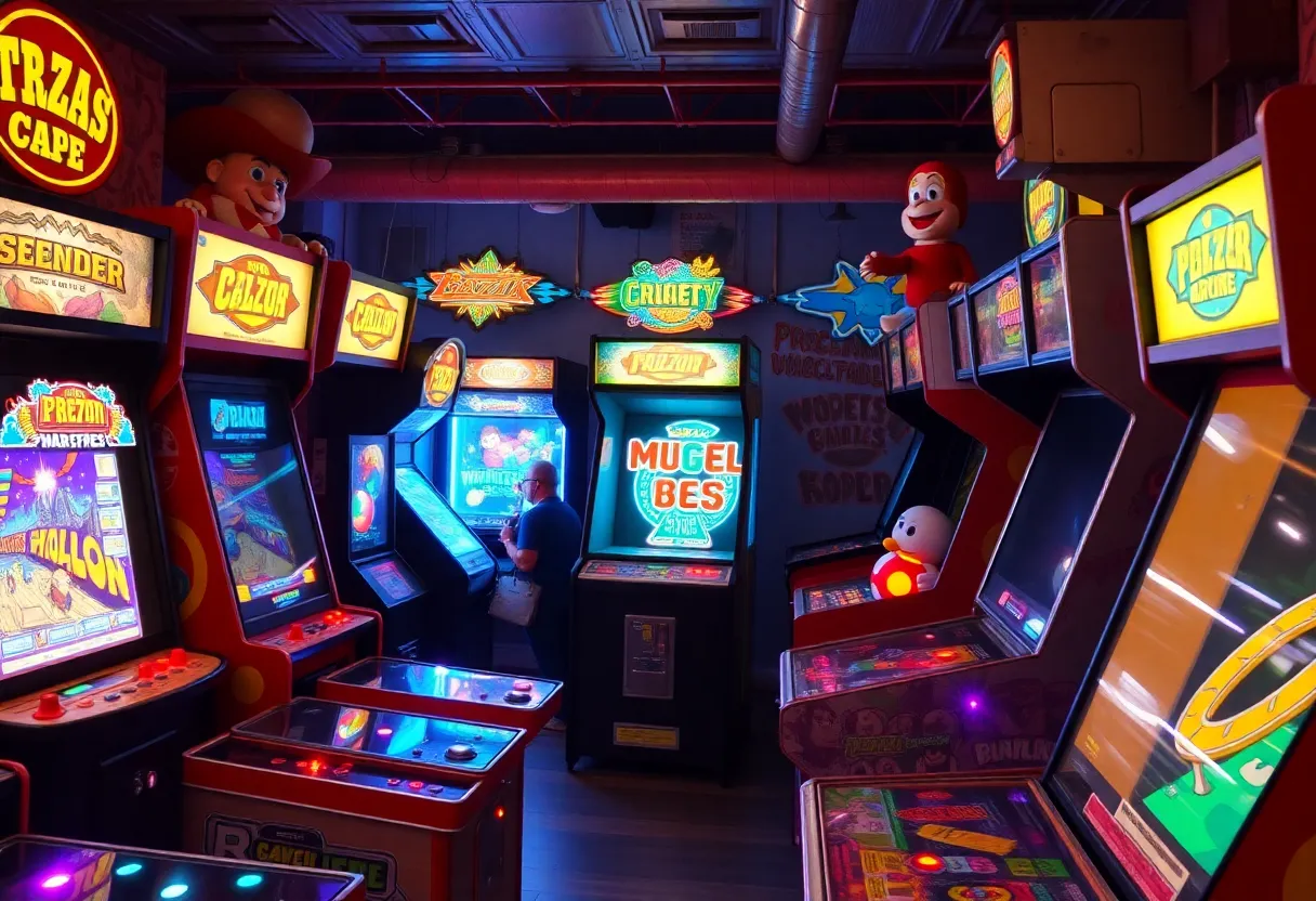 Interior view of Chuck's Arcade showcasing games and artwork