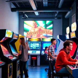 Adults playing games at Chuck's Arcade in St. Petersburg