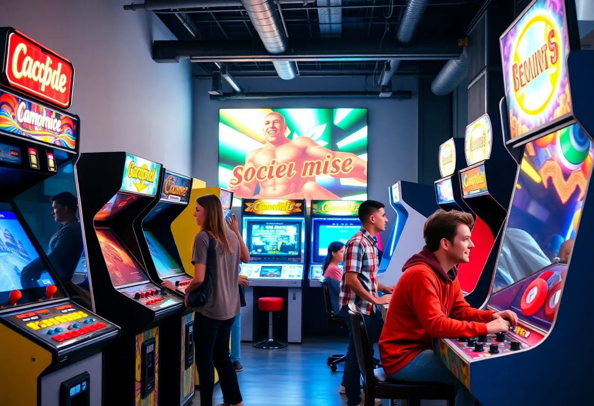 Adults playing games at Chuck's Arcade in St. Petersburg