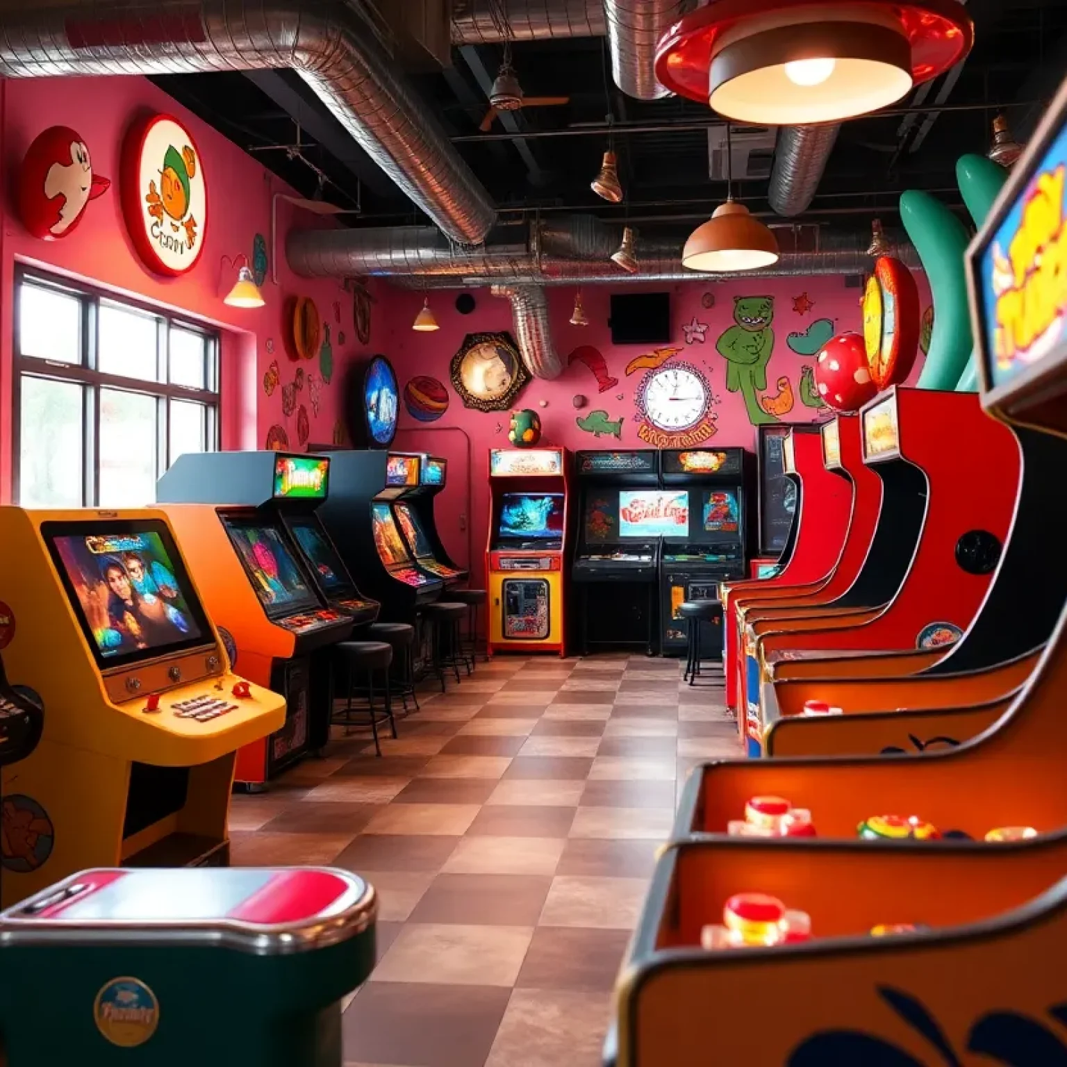Interior of Chuck's Arcade with gaming consoles and nostalgic decorations