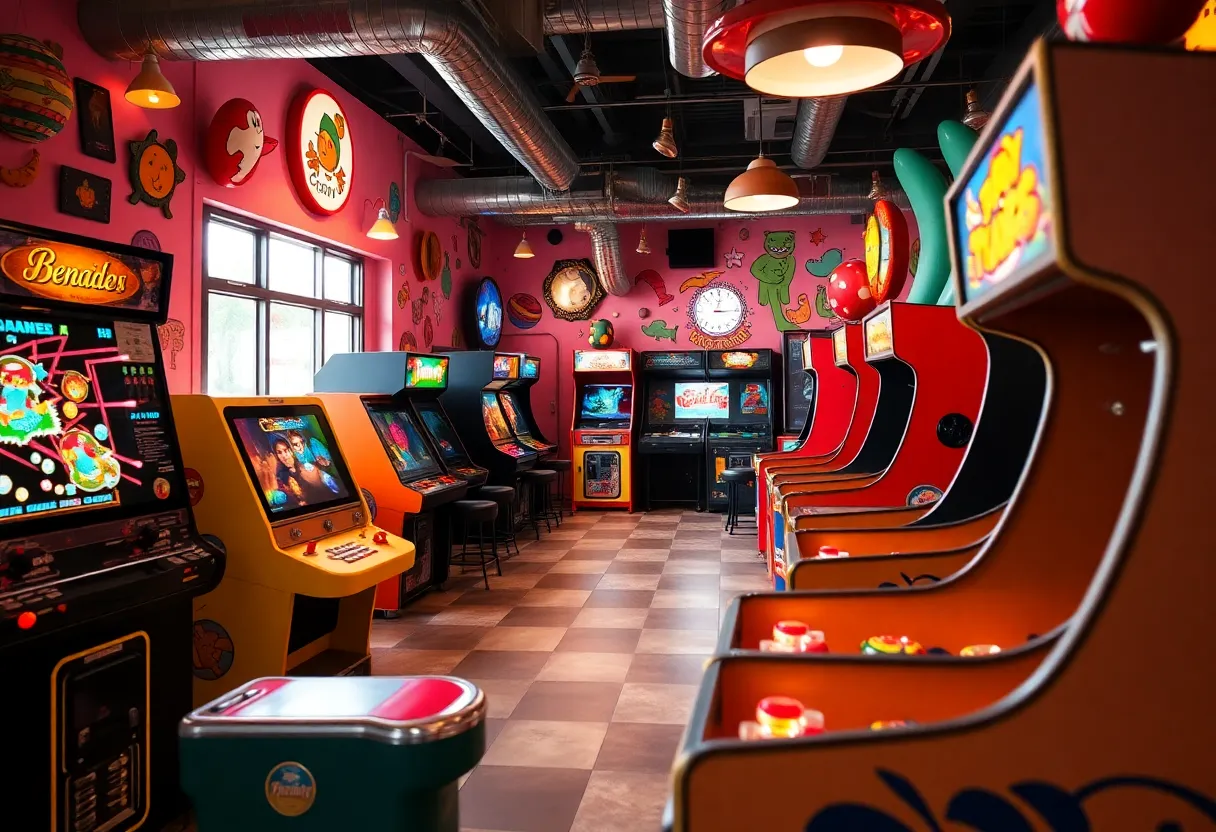 Interior of Chuck's Arcade with gaming consoles and nostalgic decorations