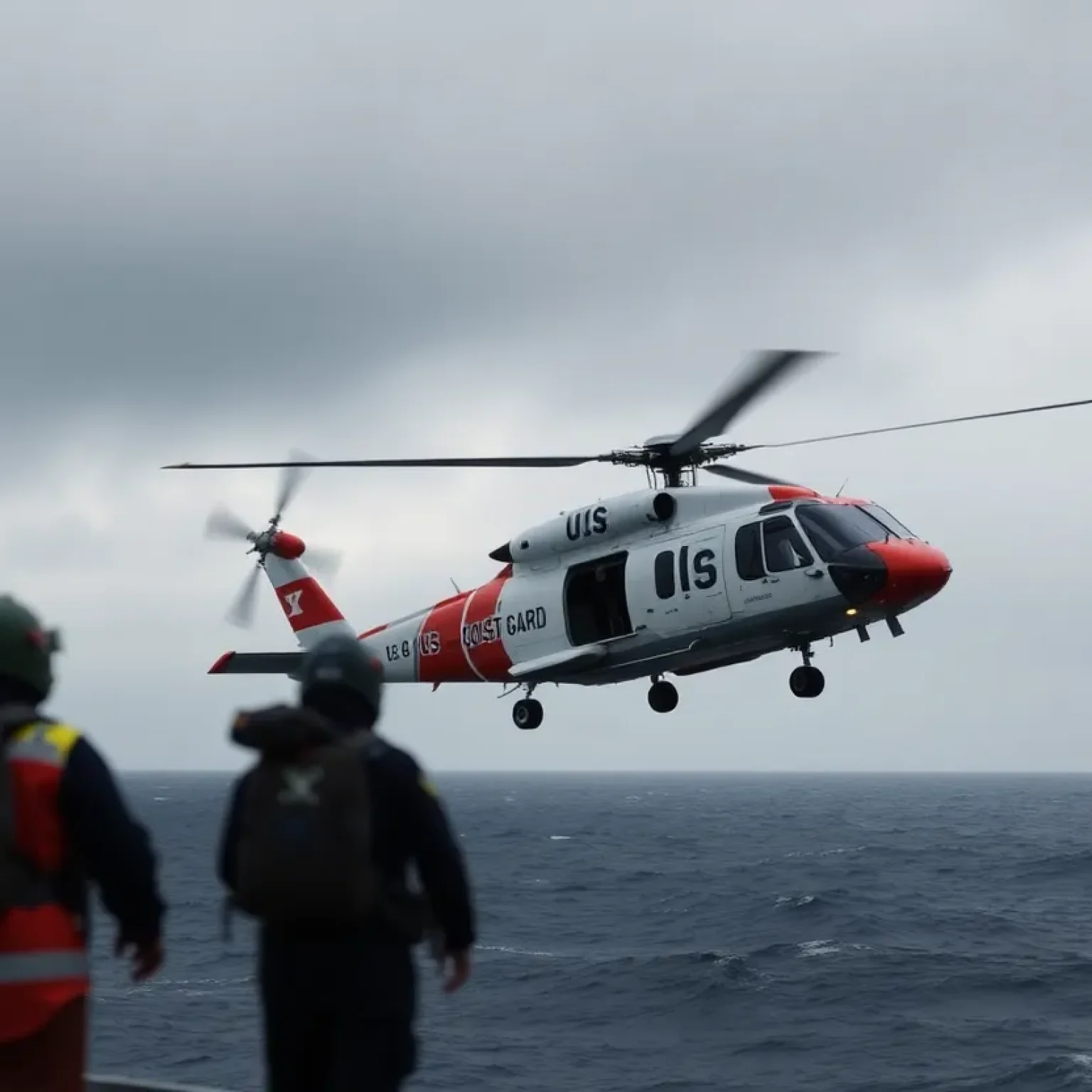 U.S. Coast Guard helicopter conducting a medevac operation at sea