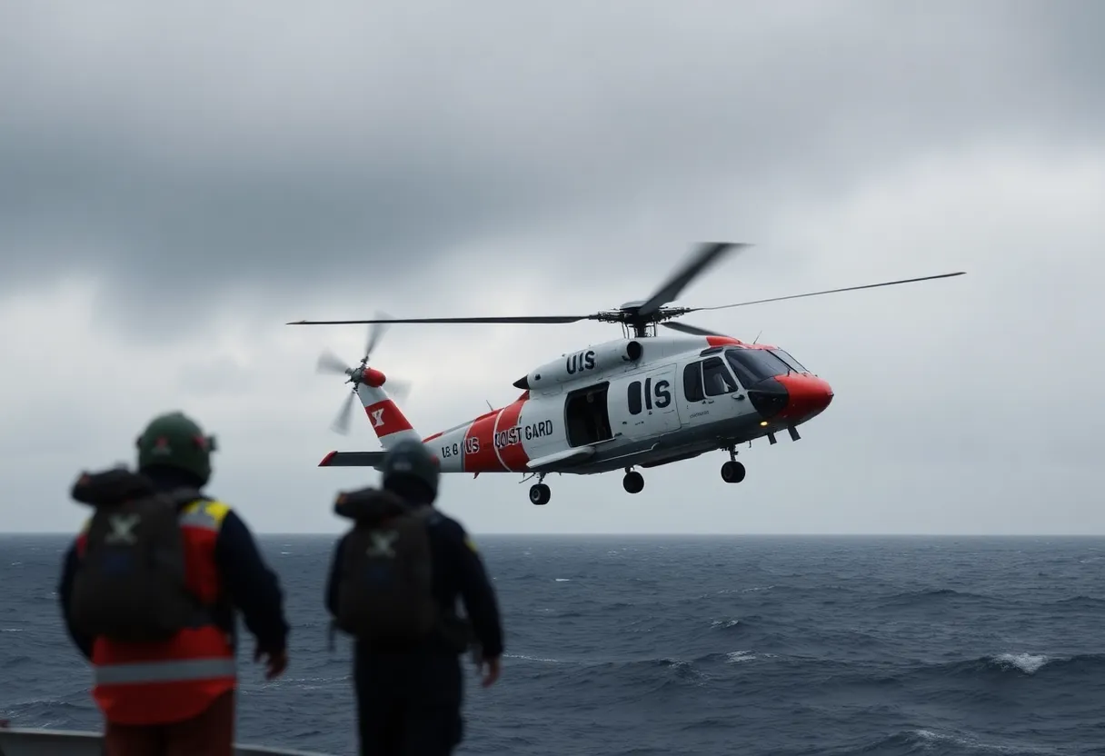 U.S. Coast Guard helicopter conducting a medevac operation at sea