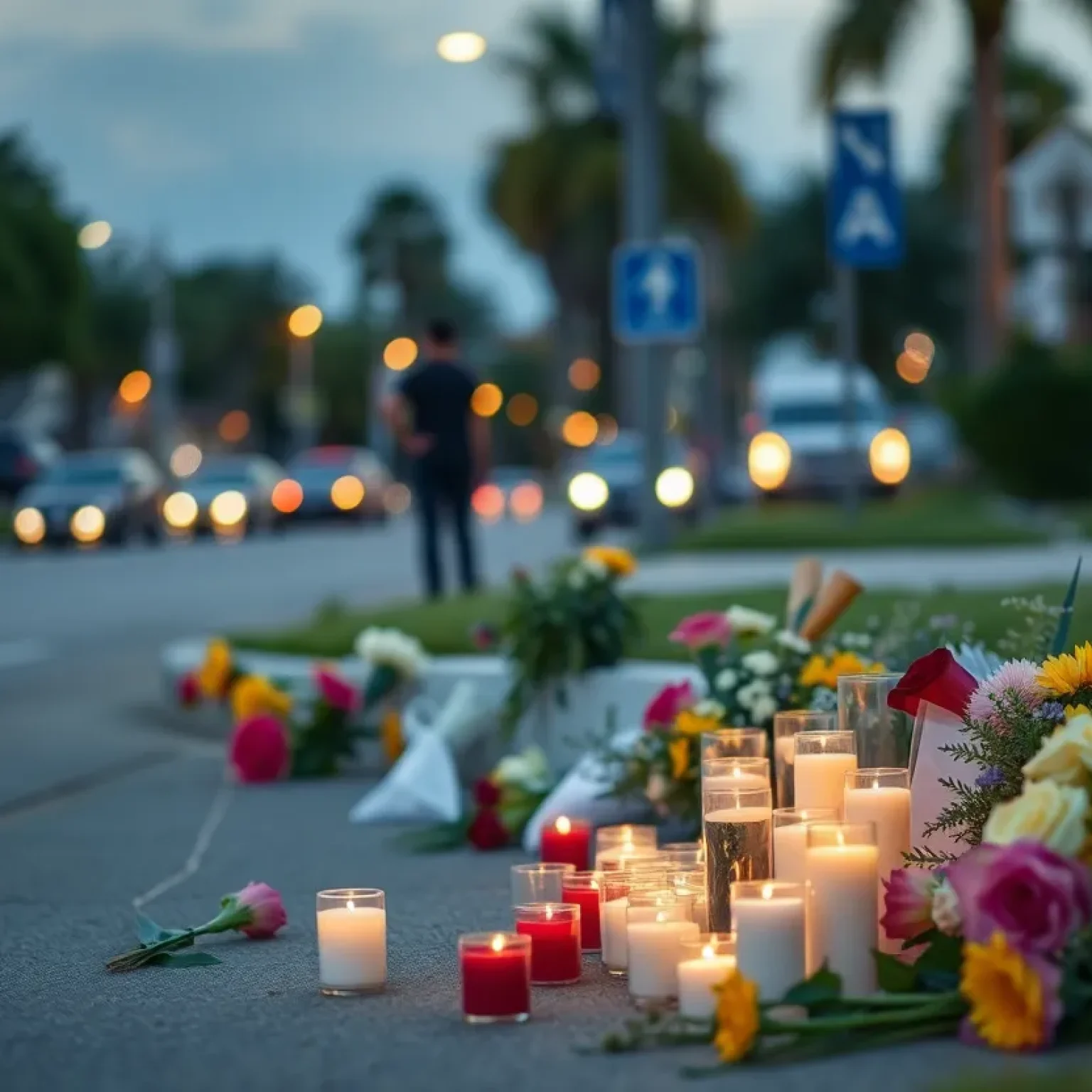Vigil for a shooting victim in St. Petersburg with candles and flowers.